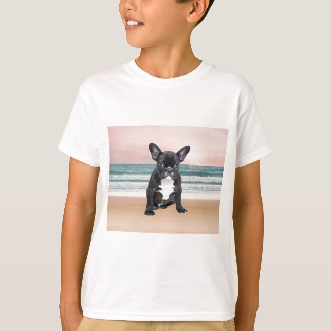 T-shirt Mignon Bouledogue Français Plage Soleil Eau (Devant)