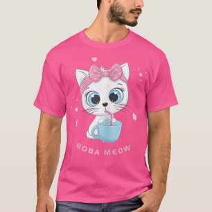 T-shirt Mignon chat blanc buvant du thé Boba Anime pour fe
