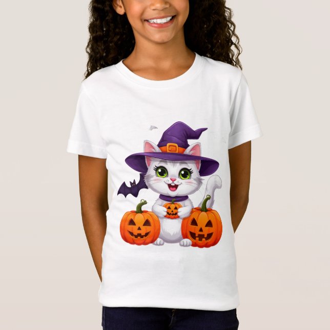 T-Shirt Mignon Chat Blanc Citrouille Chapeau de Sorcière H (Devant)