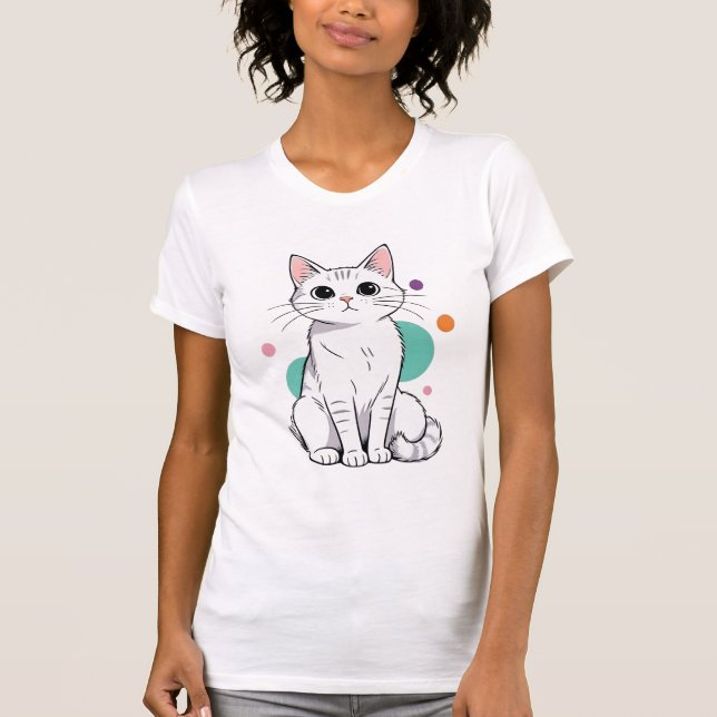 T-shirt Mignon Chat Blanc Kawaii Dessin Animé (Devant)