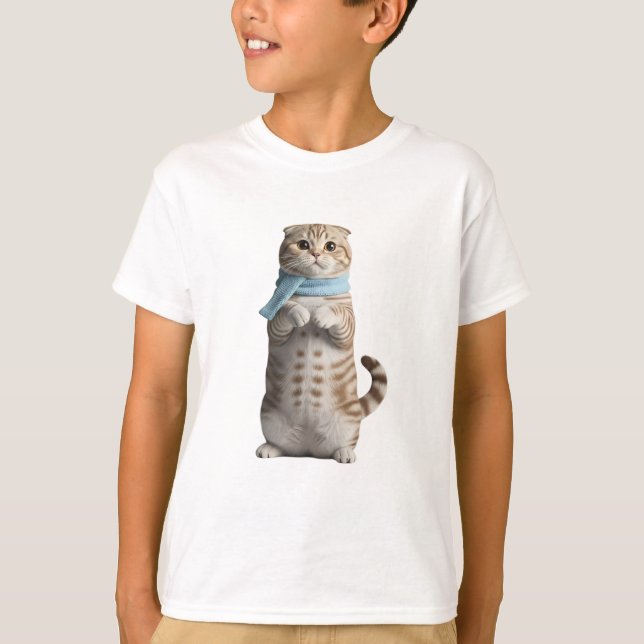 T-shirt Mignon Chat Debout avec Écharpe pour Enfants (Devant)