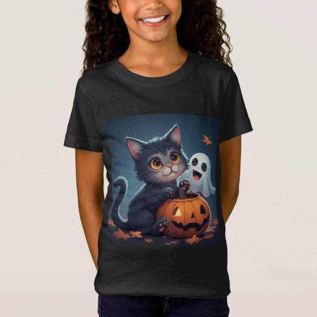 T-Shirt Mignon Chat d'Halloween avec Fantôme et Citrouille (Devant)