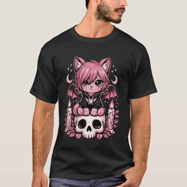 T-shirt Mignon Chat Émo Chauve-Souris Pastel Gothique Goth (Devant)