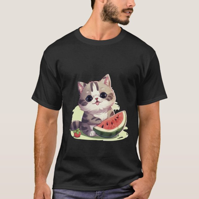 T-shirt Mignon Chat Kawaii avec Art d'Été Pastèque ✨🐾🍉 (Devant)