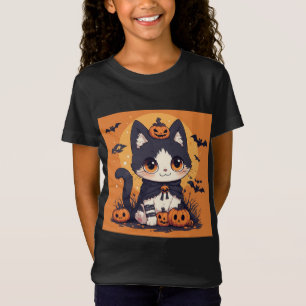 T-Shirt Mignon Chat Kawaii Halloween Avec Des Citrouilles