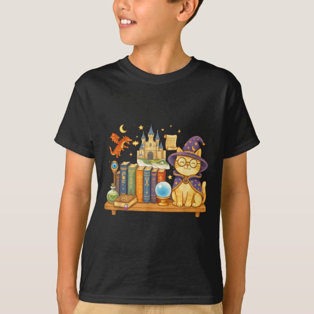 T-shirt Mignon chat kawaii livres magicien  (Devant)