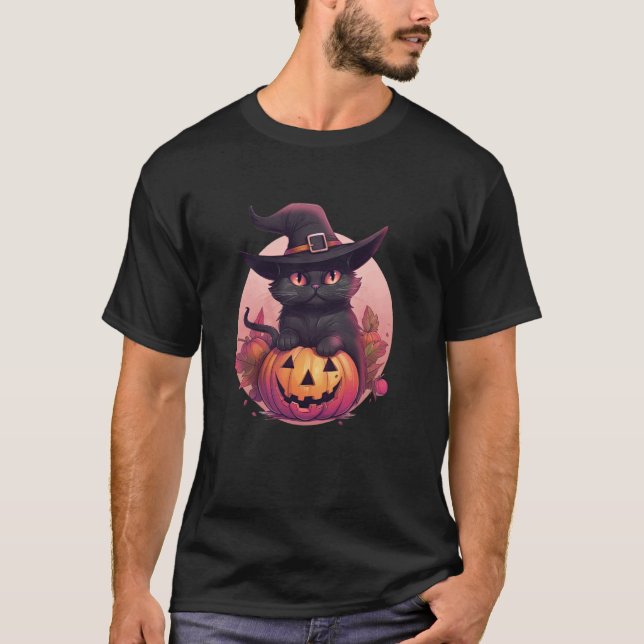 T-shirt Mignon Chat Noir Jack O'Lantern Citrouille Pleine  (Devant)