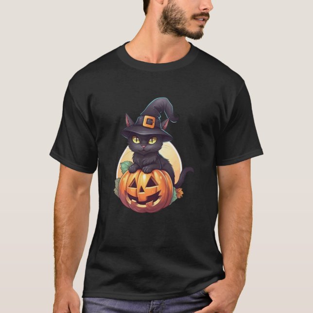 T-shirt Mignon Chat Noir Jack O'Lantern Citrouille Pleine  (Devant)