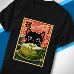 T-shirt Mignon Chat Noir Japonais Buvant du Thé Matcha