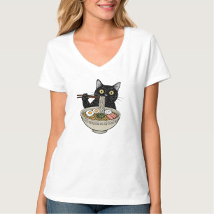 T-shirt Mignon Chat Noir Mangeant des Ramen à la J