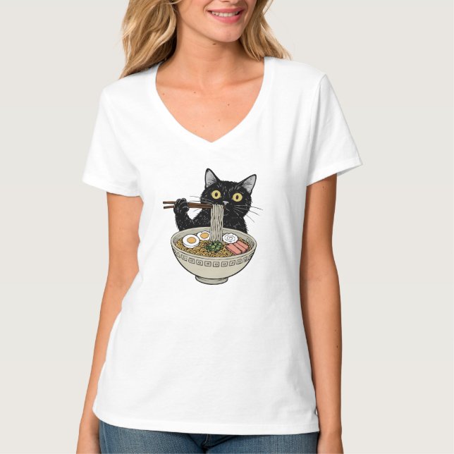 T-shirt Mignon Chat Noir Mangeant des Ramen à la J (Devant)