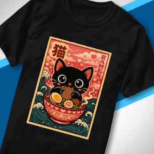 T-shirt Mignon Chat Noir Mangeant des Ramen Kawaii Amour J