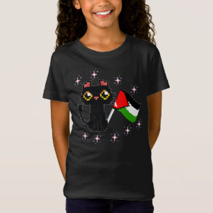 T-Shirt mignon chat noir tient drapeau de la Palestine