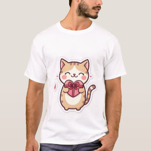 T-shirt Mignon Chat Roux Kawaii Tenant une Boîte Cadeau en