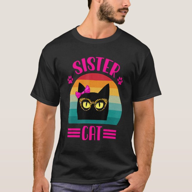 T-shirt Mignon Chat Soeur Avec Lunettes Léopard Rétro  (Devant)