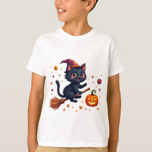 T-shirt Mignon Chat Sorcière à Vélo sur Balai Halloween  