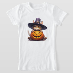T-Shirt Mignon Chat Sorcière Tenant une Citrouille 🎃