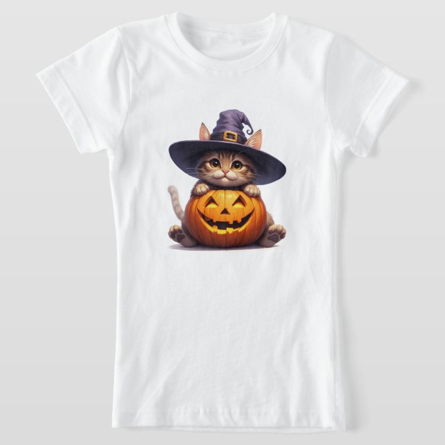 T-Shirt Mignon Chat Sorcière Tenant une Citrouille 🎃 (Poser)