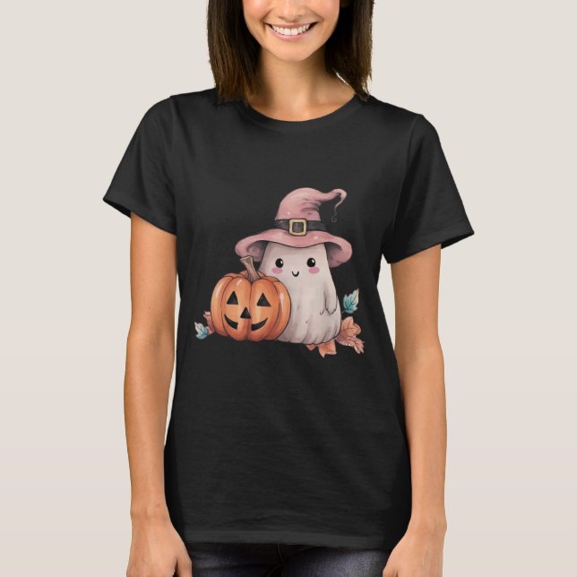 T-shirt Mignon Citrouille Fantôme Jack-O' Lantern Feuilles (Devant)