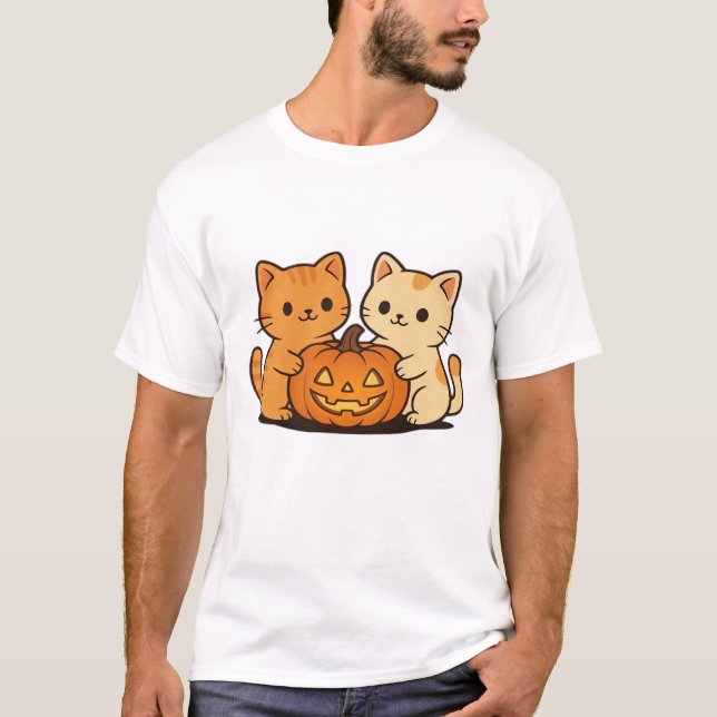 T-shirt mignon de chat d'Halloween � Deux chats Ka (Devant)