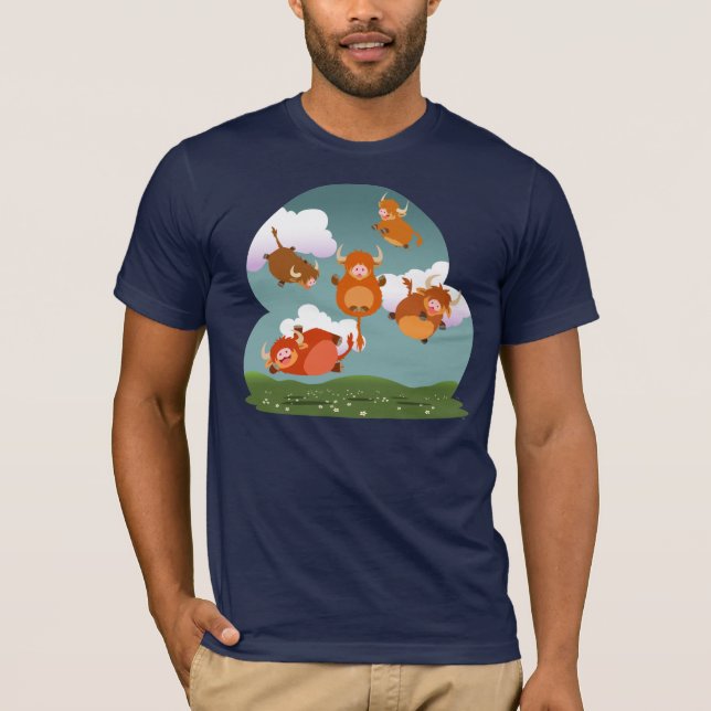T-shirt mignon de vaches des Highlands lévitant en (Devant)