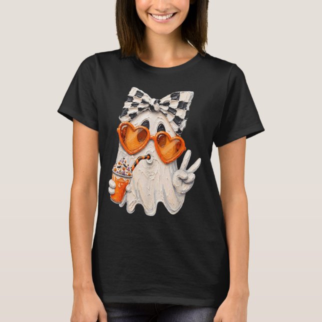 T-shirt Mignon fantôme buvant un latte de citrouille mème  (Devant)