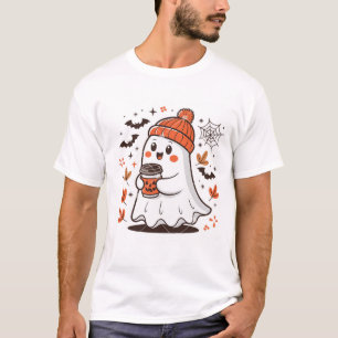T-shirt Mignon fantôme Kawaii en bonnet orange avec du caf