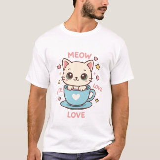 T-shirt Mignon Kawaii Chat dans une Tasse Bleue - Meow Amo