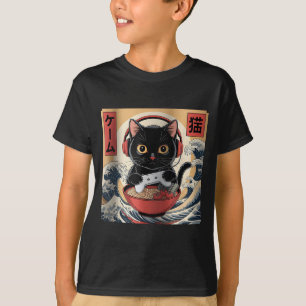 T-shirt Mignon Kawaii Chat Joueur Drôle Ramen Rétro Japona