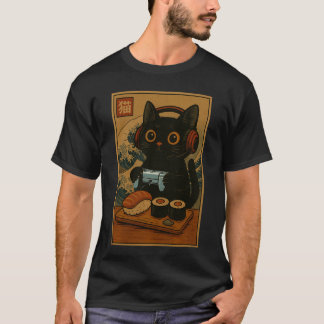 T-shirt Mignon Kawaii Chat Joueur Drôle Sushi Rétro Japona