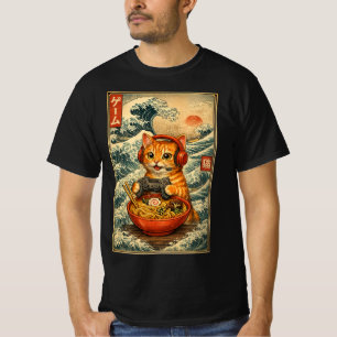 T-shirt Mignon Kawaii Chat Joueur Ramen Rétro Japonais