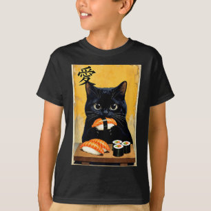 T-shirt Mignon Kawaii Chat Noir Mangeant Sushi Drôle Japon
