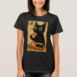 T-shirt Mignon Kawaii Chat Noir Mangeant Sushi Drôle Japon