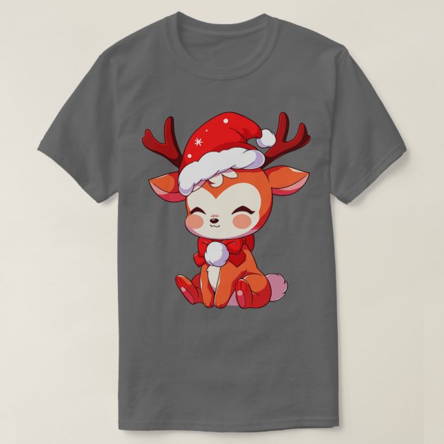 T-shirt mignon Kawaii Noël Renne en chapeau de Père Noël 1 (Design devant)