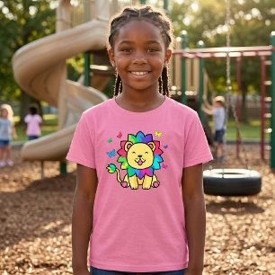 T-shirt Mignon lion Kawaii souriant avec papillons dessin 
