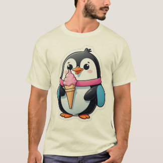 T-shirt Mignon manchot avec cône de glace rose dessin anim