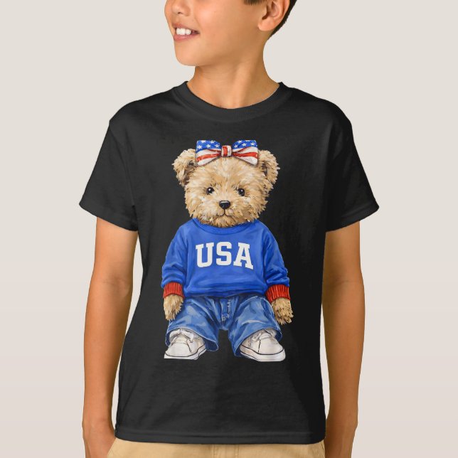 T-shirt Mignon ours patriotique États-Unis 4 juillet améri (Devant)