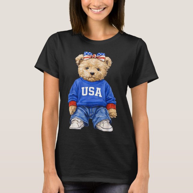 T-shirt Mignon ours patriotique États-Unis 4 juillet améri (Devant)