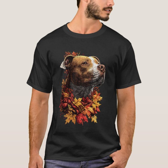 T-shirt Mignon Pit Bull avec feuilles d'automne Forêt Auto (Devant)