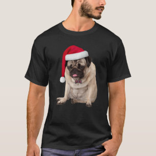 T-shirt Mignon Pug Brun Chapeau de Père Noël Cravate Écoss