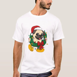 T-shirt Mignon Pug de Noël avec Couronne de Fête