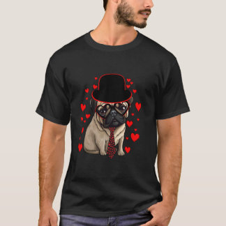 T-shirt Mignon Pug portant Chapeau à Cravate Cœurs Rouges