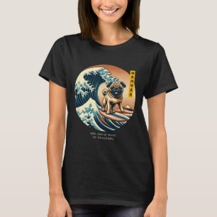 T-shirt Mignon Pug Vague de Kanagawa Surfant Japonais Kawa