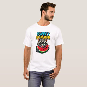 T-shirt Mignon Raton Laveur Estival Tenant Une Pastèque