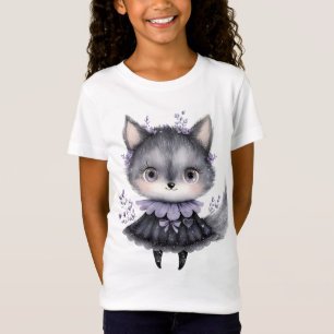 T-Shirt Mignon Renard Gris Gothique Fleur Violet Enfants H