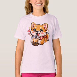 T-shirt Mignon Shiba Inu d'anime buvant du Bubble Tea Kawa