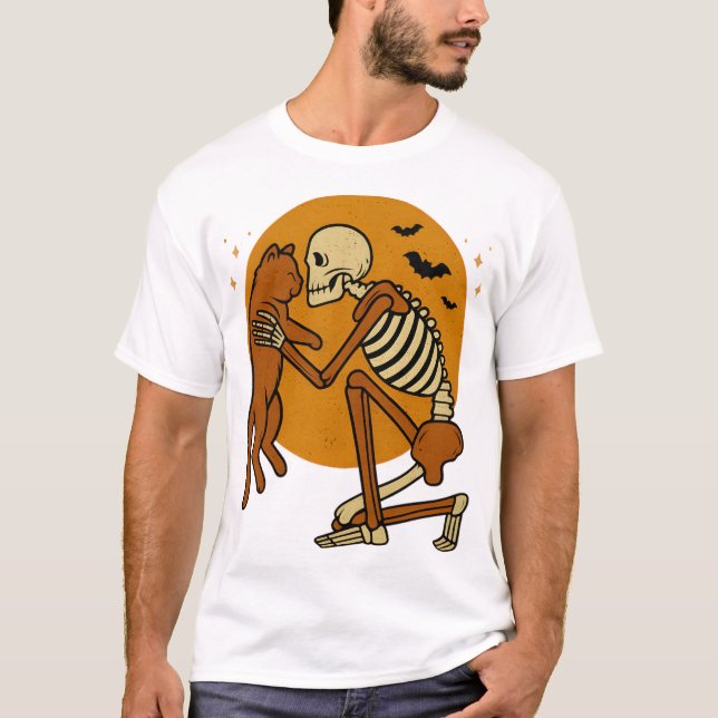 T-shirt Mignon squelette étreignant un chat design gothiqu (Devant)