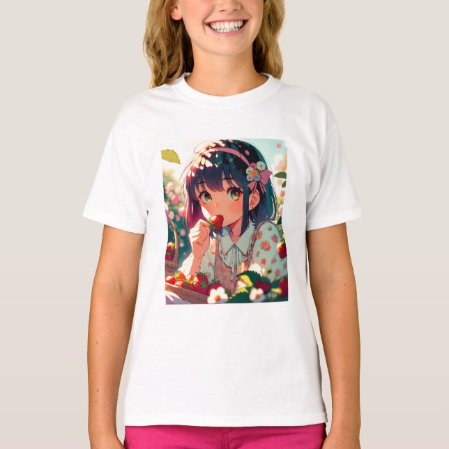 T-shirt Mignonne Anime Girl Mange des fraises | Jour d'été (Devant)