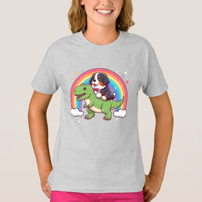 T-shirt Mignonne Bernese Mountain Dog équitation T-Rex Din (Devant)