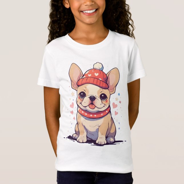 T-Shirt Mignonne Bulldog français avec casquette et foular (Devant)